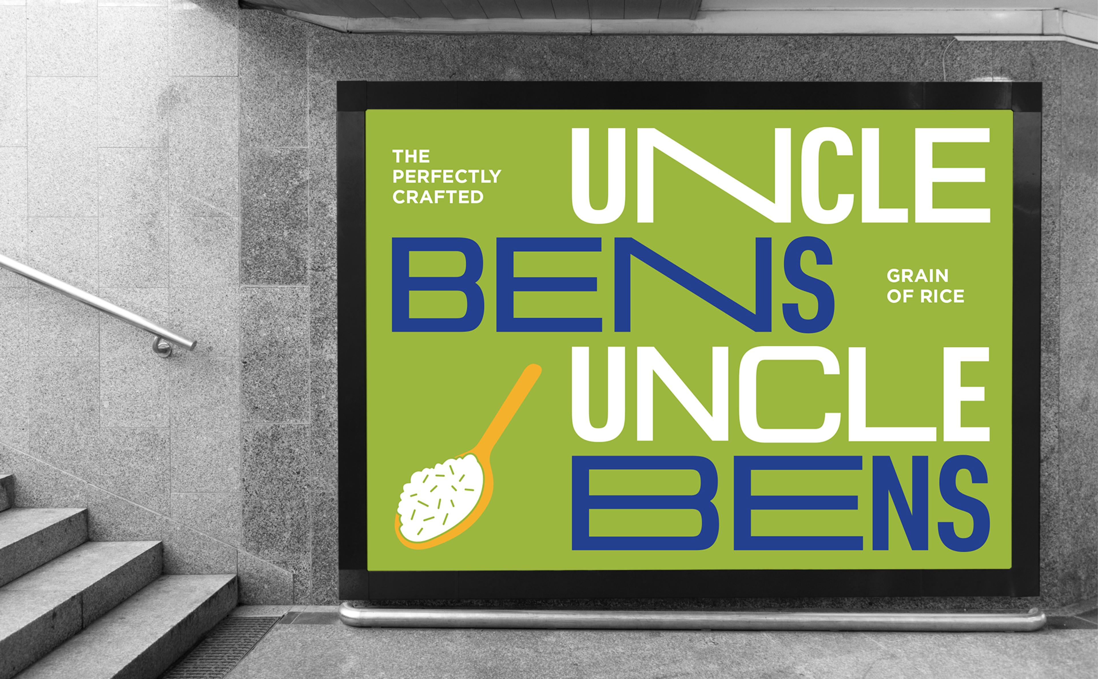 Uncle Ben's logo and illustrations on a green horizontal street advertisement