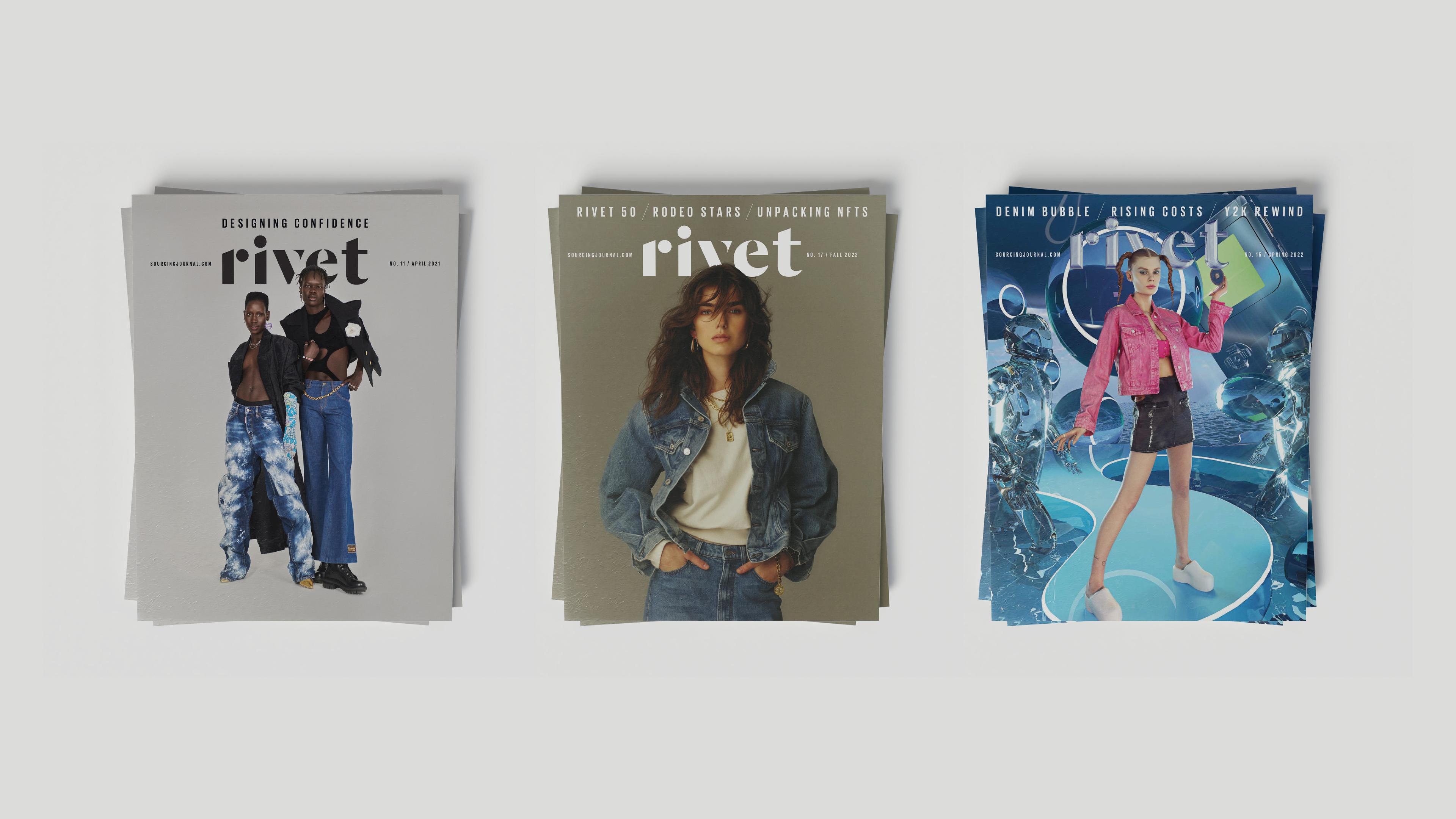 Rivet Magazine No. 11, No. 17 and No. 15 covers on a grey background