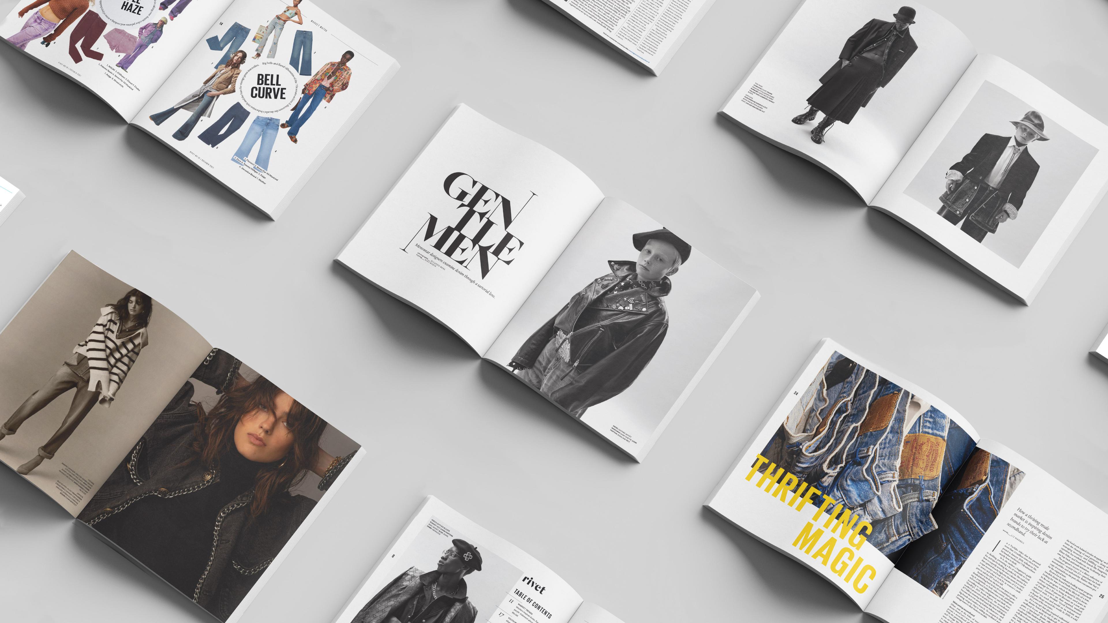 Rivet Magazine spreads on a grey background