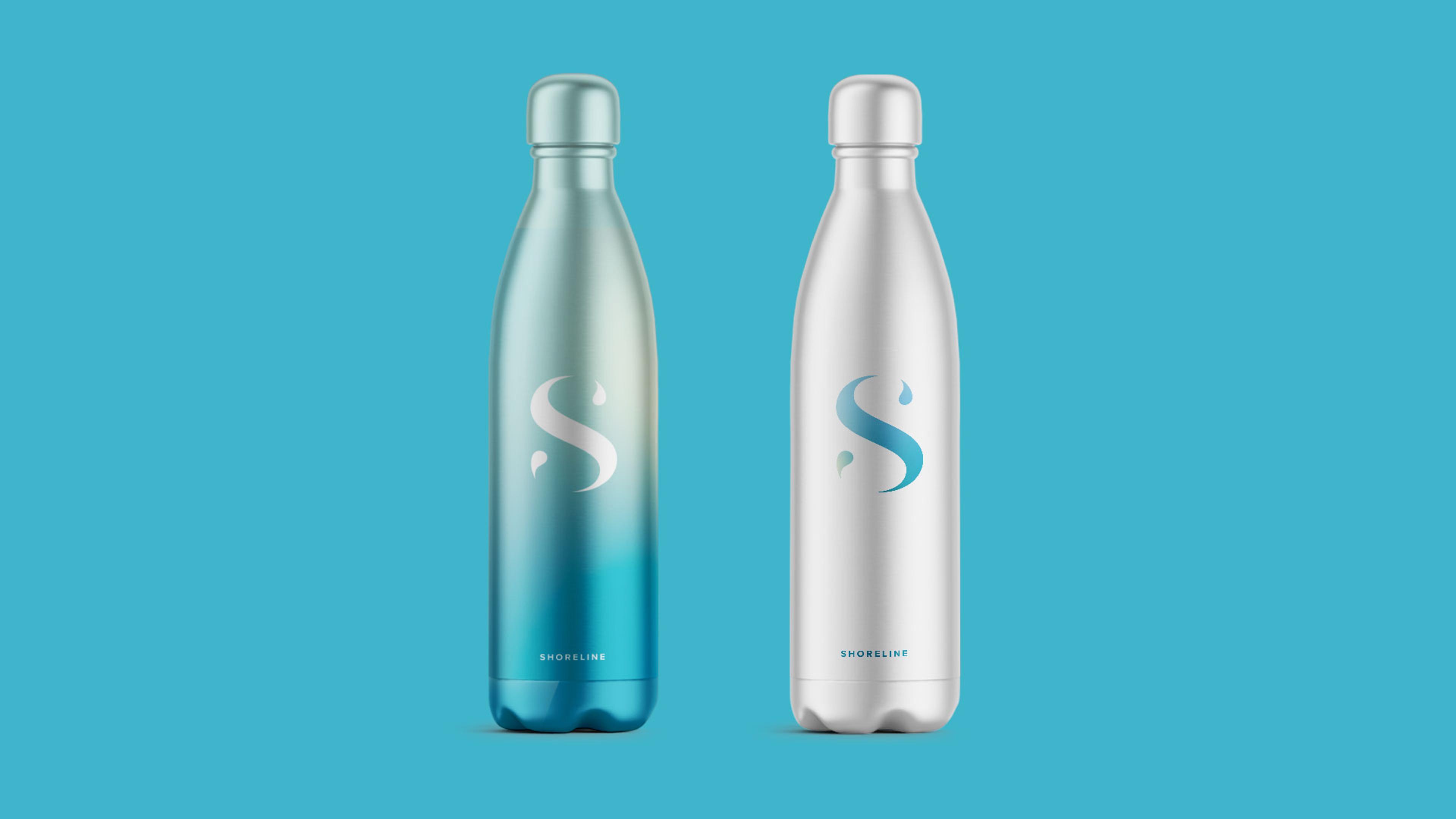 ShoreLine branding on a white and blue metal bottle