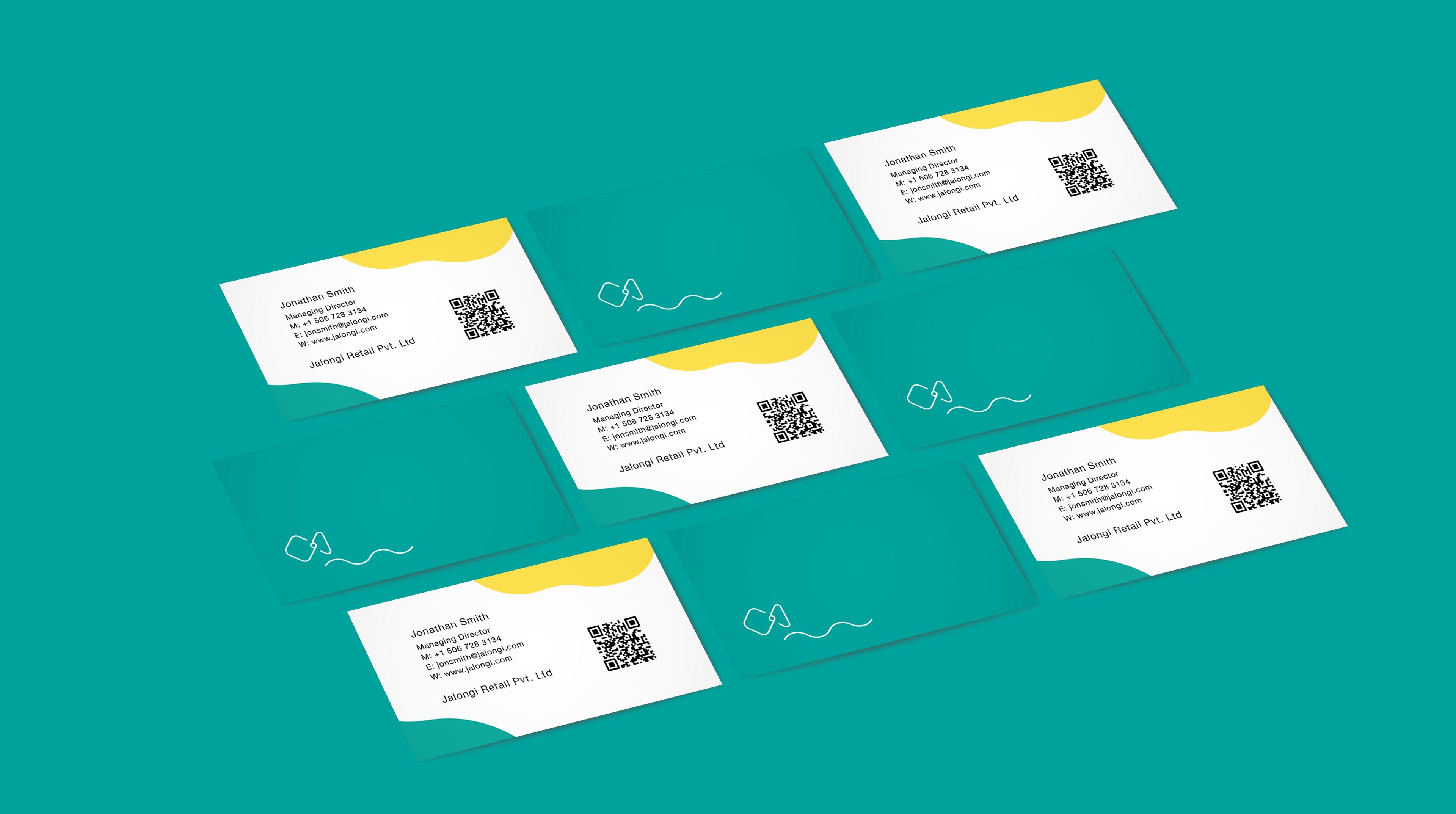 Jalongi business cards tiled on a teal background