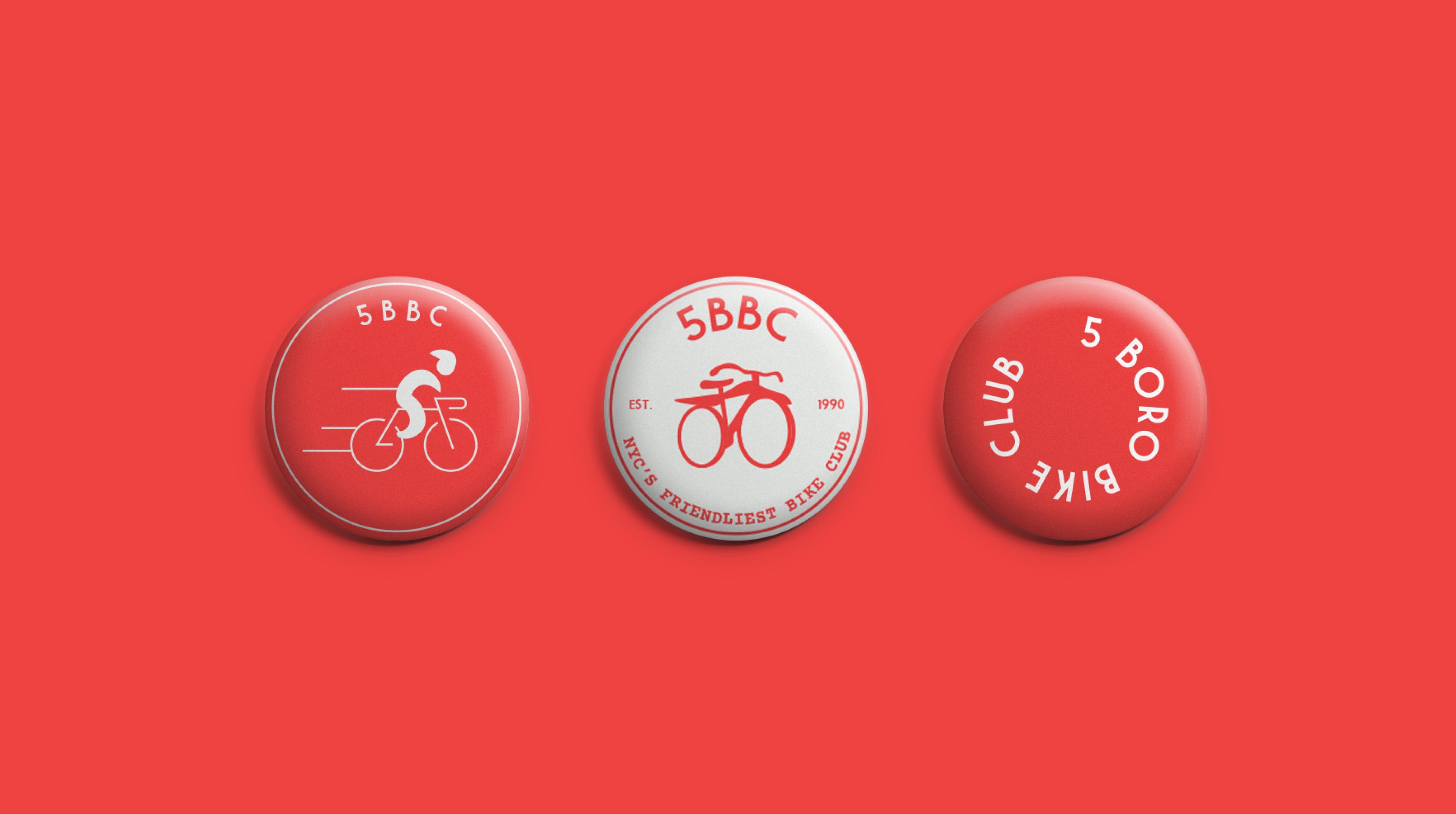 5BBC branding and illustrations on red and white badges
