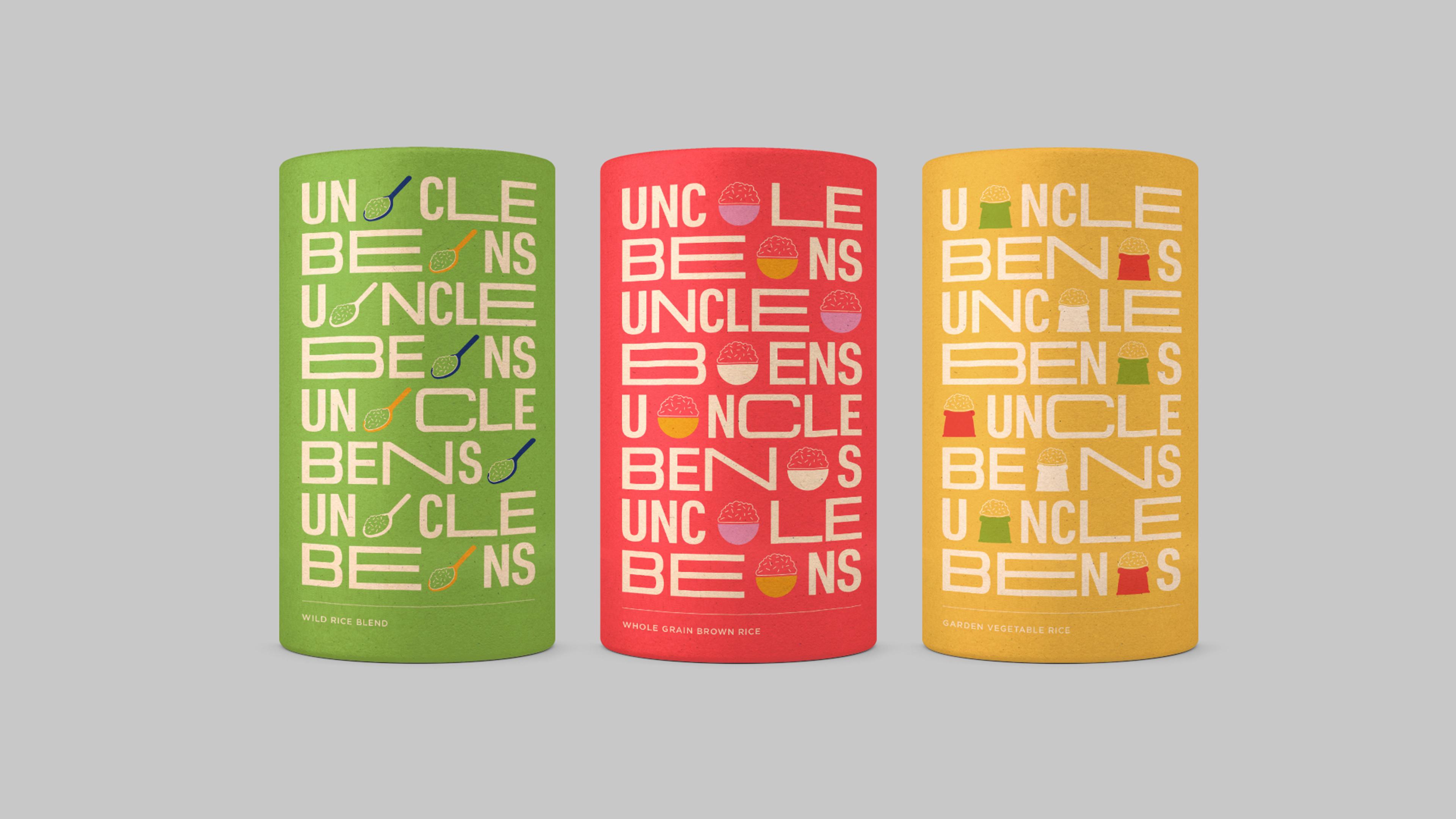 Uncle Ben's branding and illustrations on green, red and yellow paper tins