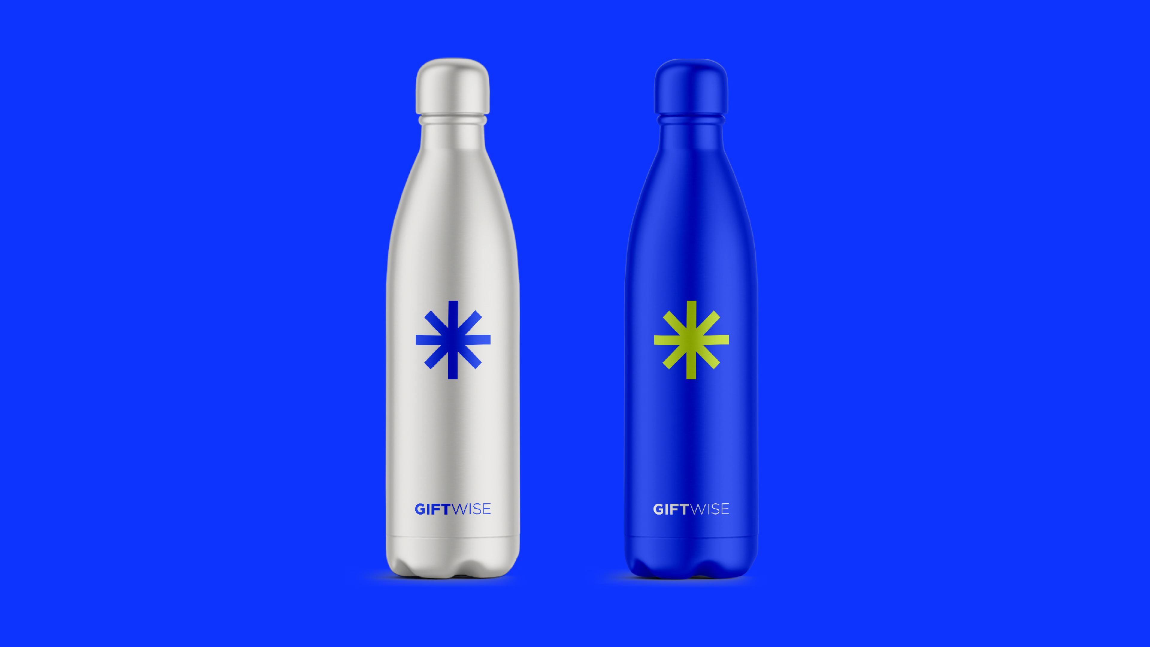 GiftBoard branding and illustrations on a blue and white metal water bottle