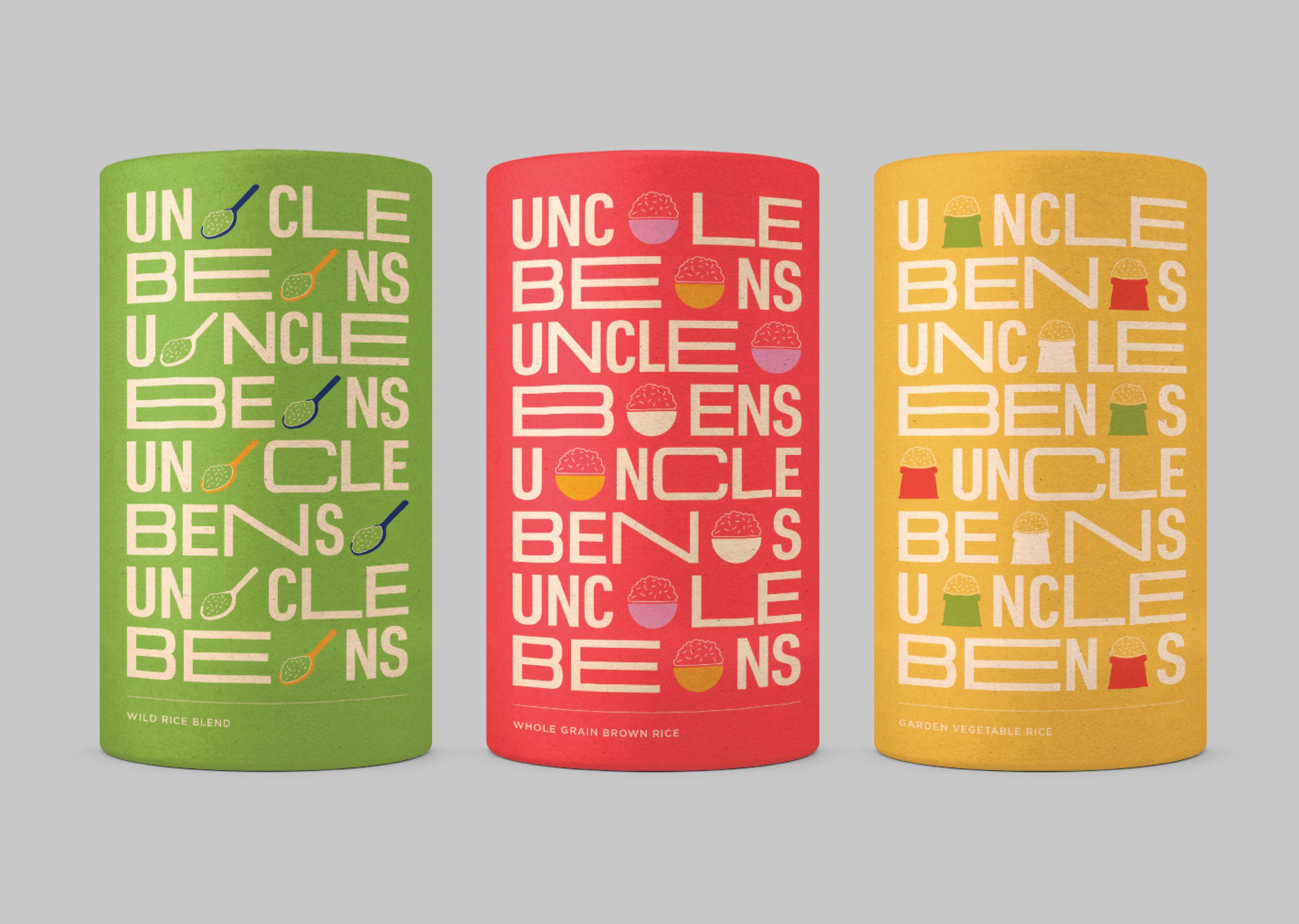 Uncle Ben's branding and illustrations on green, red and yellow paper tins