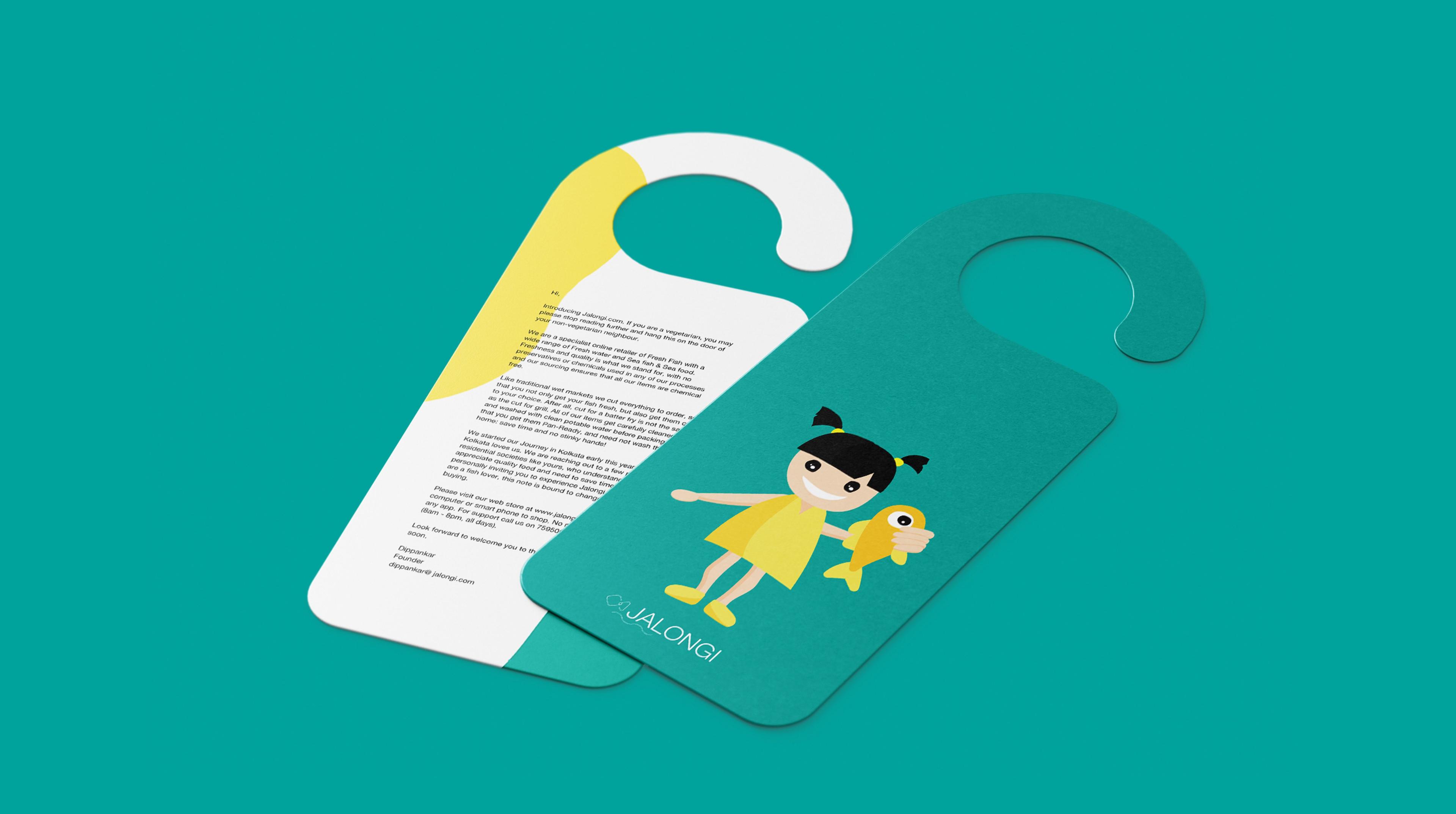 Jalongi logo and illustrations on a door hang tag
