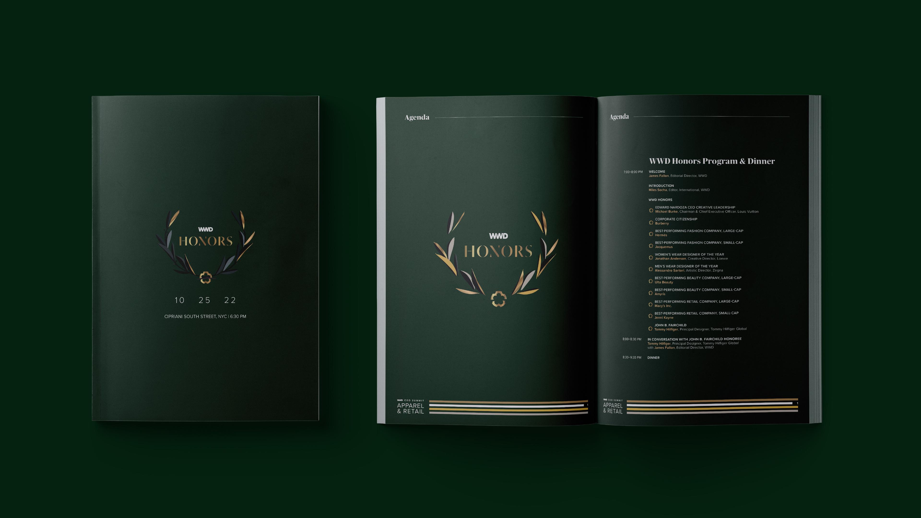 WWD Honors branding on the cover and spread of a program guide