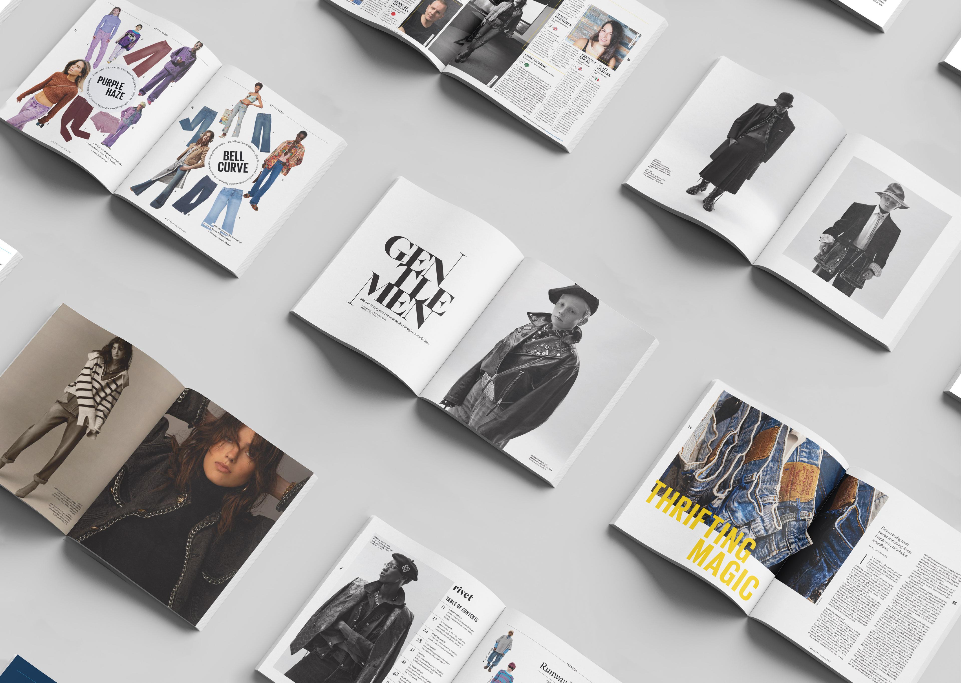 Rivet Magazine spreads on a grey background