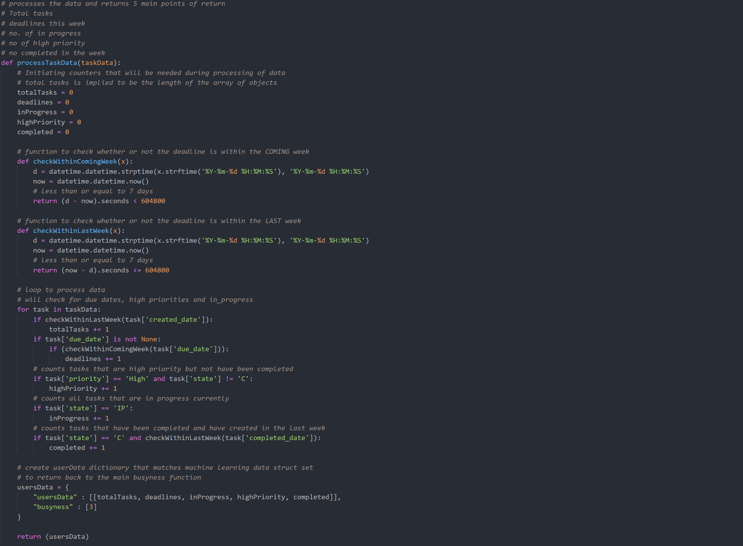 Python code that allows the processing of task data into Machine Learning inputs