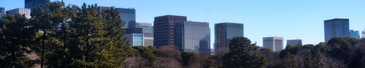 Open garden with spare trees and a cityline backdrop