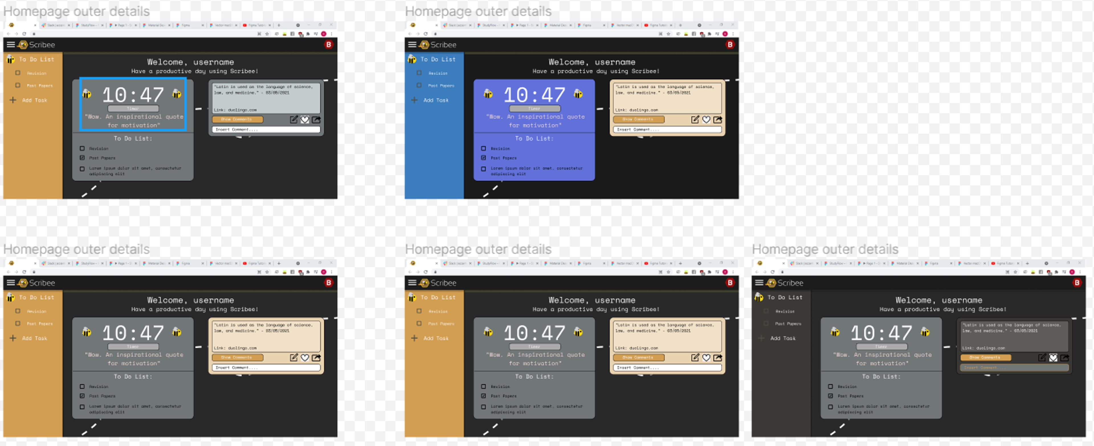 Figma multiple designs for Scribee Web application with varying colors for schema