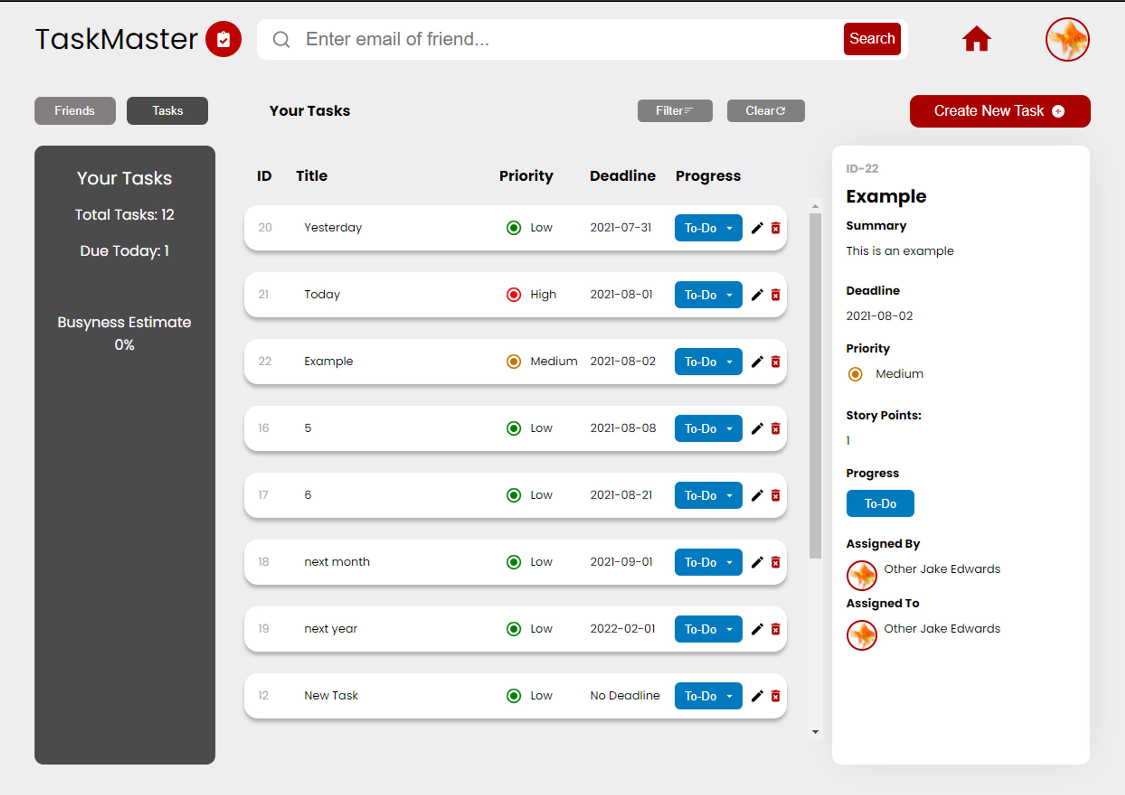 The Task Master dashboard that includes features such as the profile, tasks and friends.