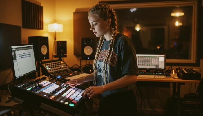 jovem usando uma drum machine