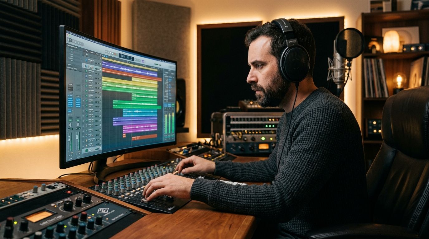 produtor musical trabalhando com IA