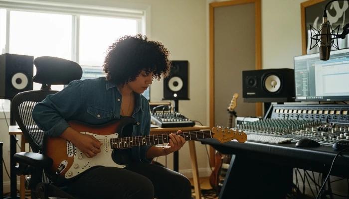 rafa tocando guitarra na cadeira ergonômica