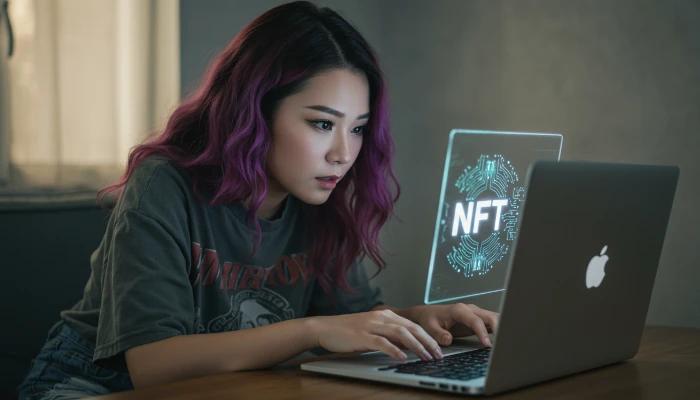 mulher jovem olhando para um NFT no laptop