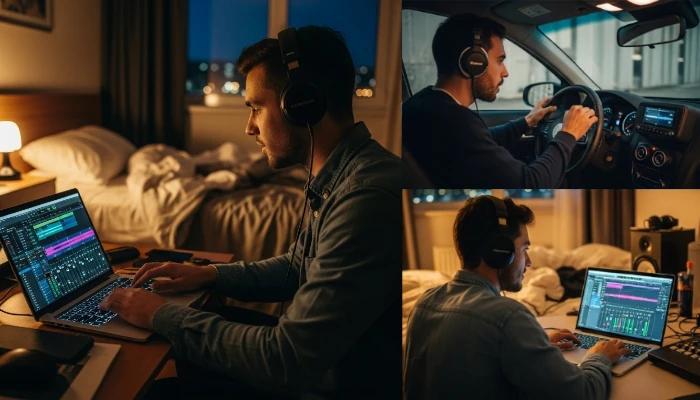 O Pedro estava mixando uma track no laptop com fones, no quarto de hotel