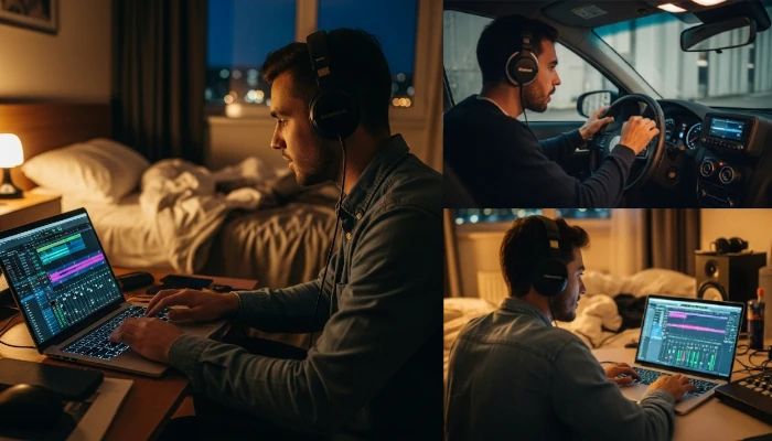 O Pedro estava mixando uma track no laptop com fones, no quarto de hotel