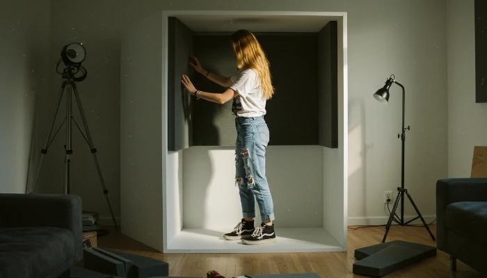 aplicando espumas acústicas nos paineis de MDF