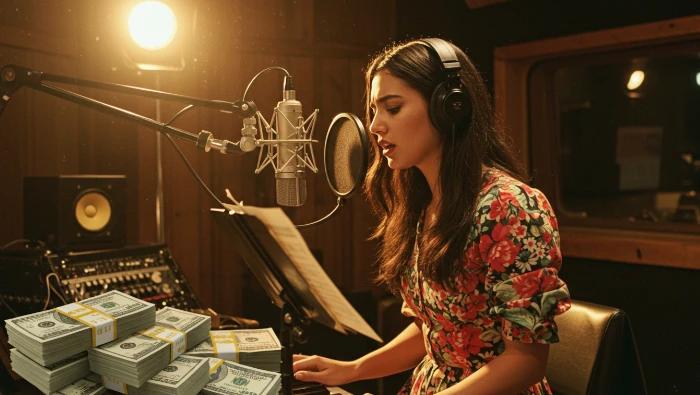 mulher gravando em estúdio ao lado de uma montanha de dinheiro