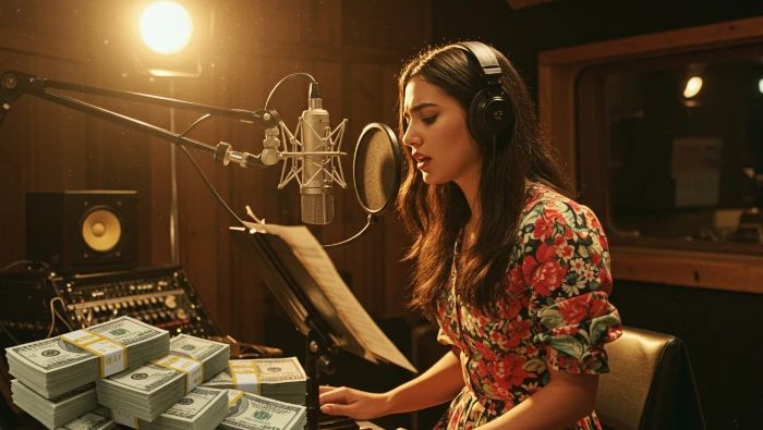 mulher gravando em estúdio ao lado de uma montanha de dinheiro