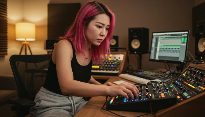 produtora musical tentando resolver latência na interface de áudio