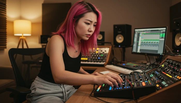 produtora musical tentando resolver latência na interface de áudio