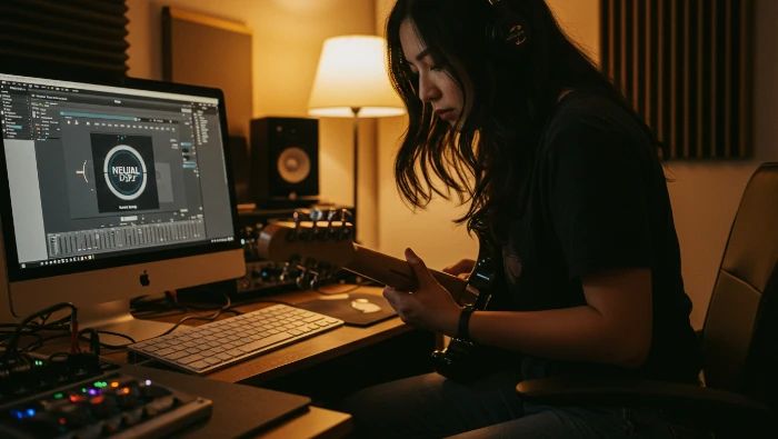 mulher tocando guitarra com o plugin neural dsp