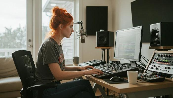 mulher produzindo vinheta em seu home studio