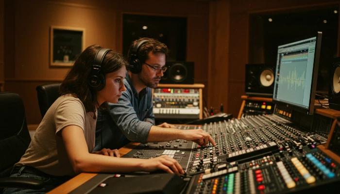 Artista e produtor musical ouvindo uma mixagem