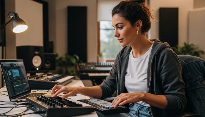 produtora criando beats com controlador MIDI
