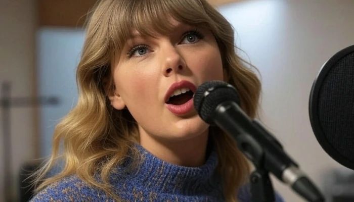 Taylor Swift praticando técnicas vocais com microfone