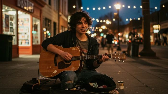 jovem artista de rua tocando violão