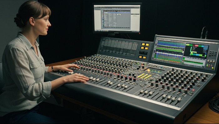 mulher operando uma mesa de som digital