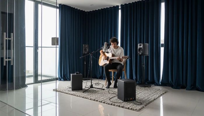 O Pedro gravando violão na sala dele
