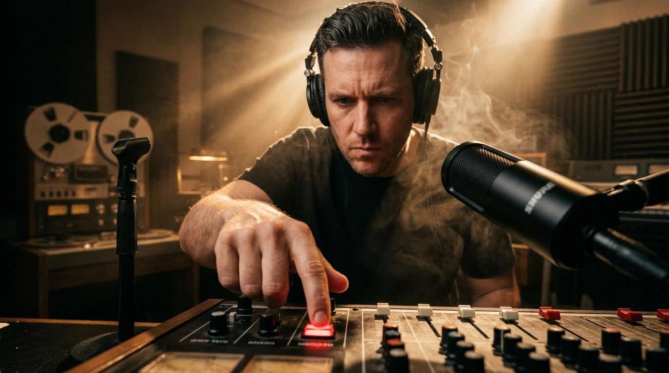 Mão de um produtor apertando o botão de gravar com um microfone Shure SM4 em foco.