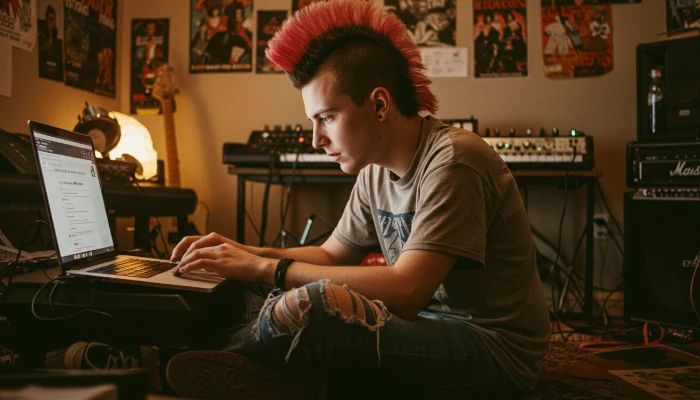 jovem músico criando uma campanha de crowdfunding