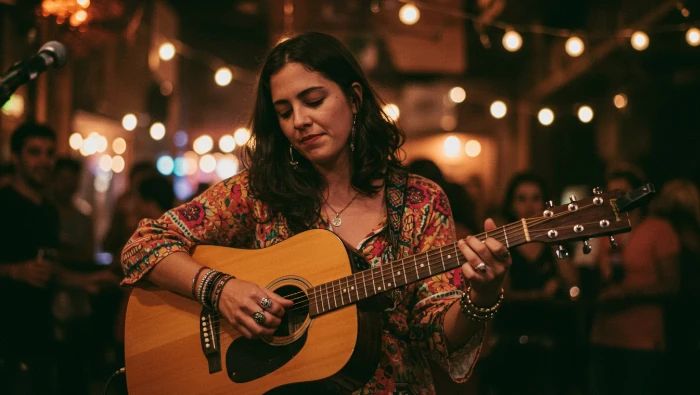 helena tocando violão em público
