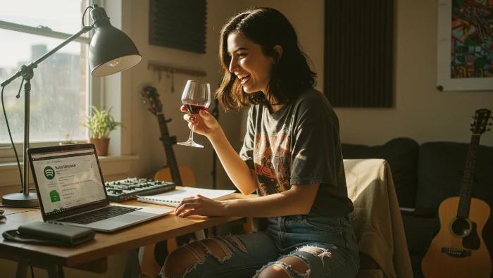 mulher feliz recebendo pagamento do spotify