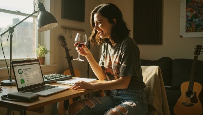 mulher feliz recebendo pagamento do spotify