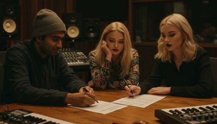 dupla de cantoras assinando contrato com a gravadora