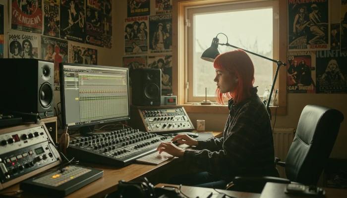 mulher usando o FL Studio em um Home Studio