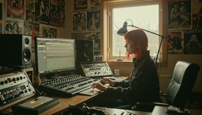 mulher usando o FL Studio em um Home Studio