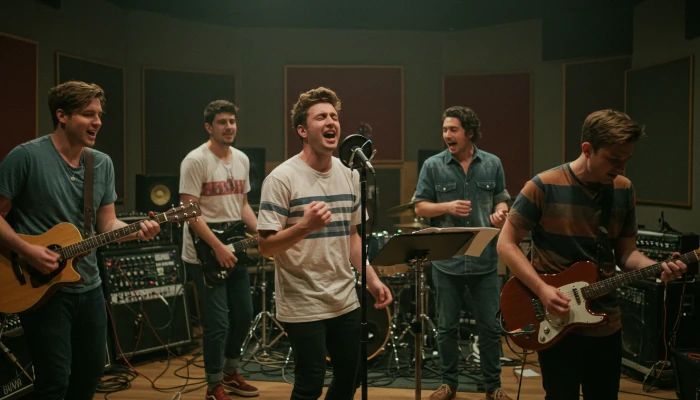 boyband gravando ao vivo em estúdio