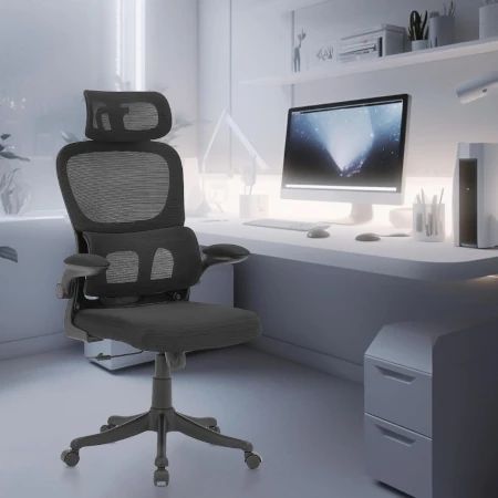 cadeira de escritório, design ergonômico com suporte lombar independente, malha respirável e encosto de cabeça ajustável