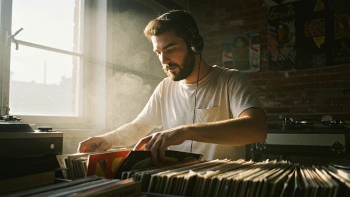 jovem dj folheando pilhas de discos de vinil