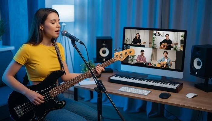 musicista tocando contra baixo