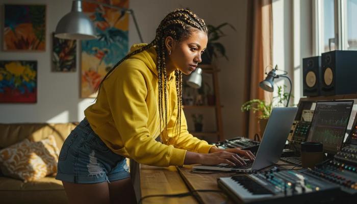 Jovem criando música online com IA
