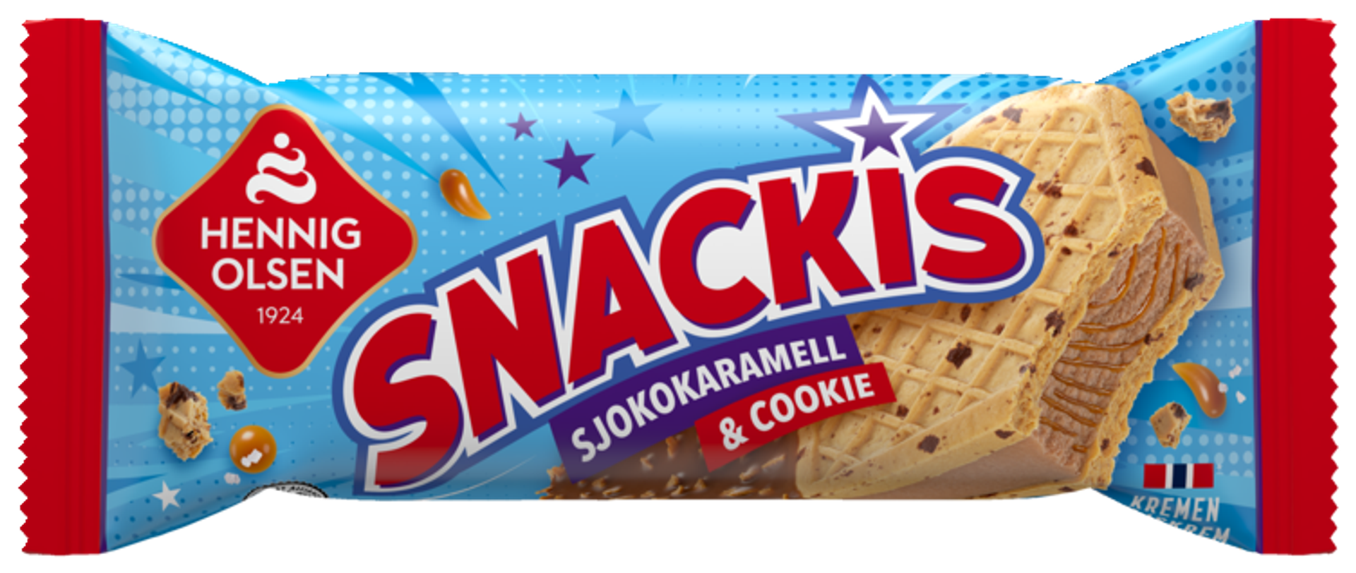 Snackis er en sjokoladeis med karamellsaus, dekket med cookie-kjeks på ...