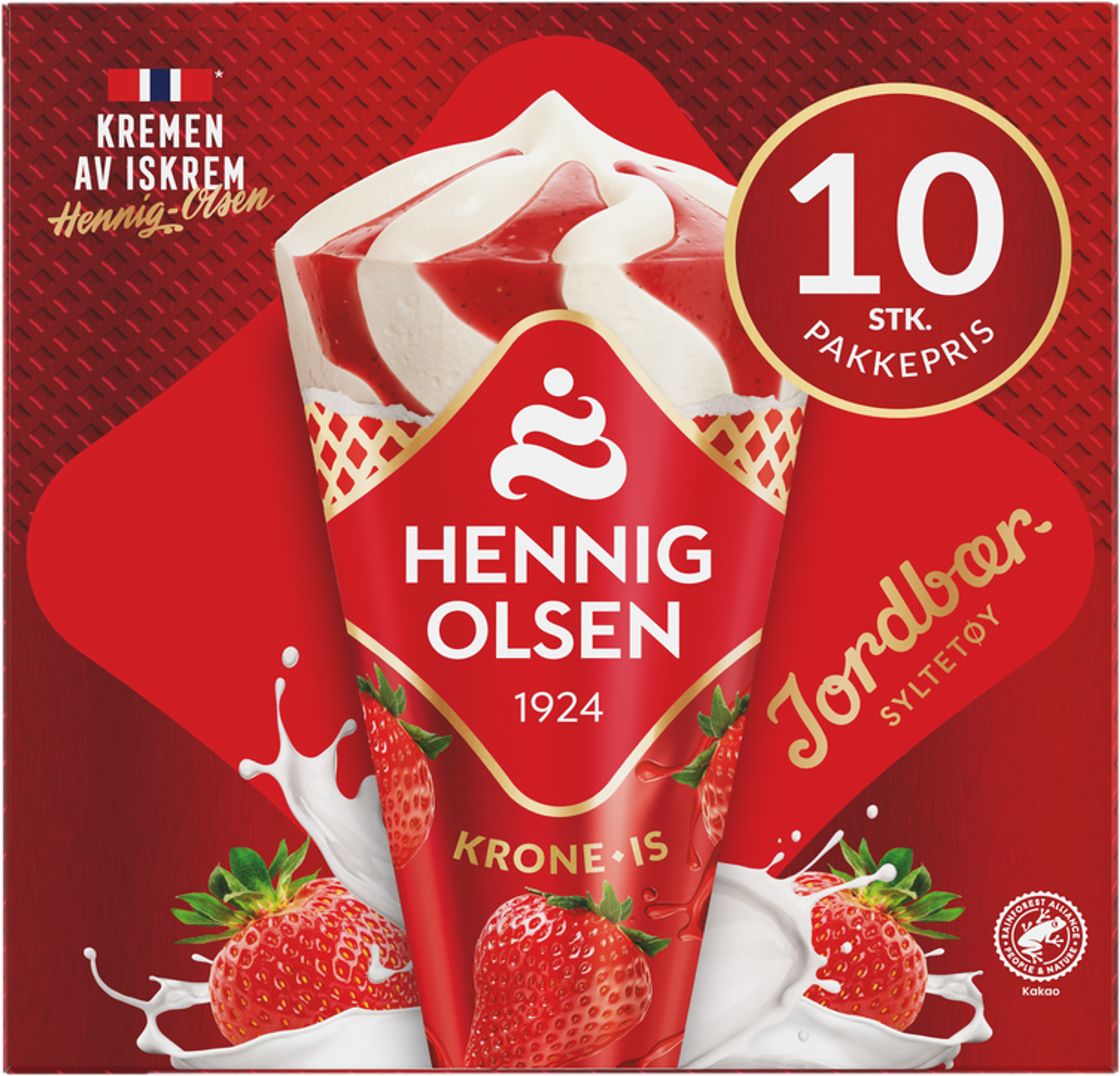 Krone-is Jordbær 10stk Fløteis med Vaniljesmak og Jordbærsyltetøy - 1N